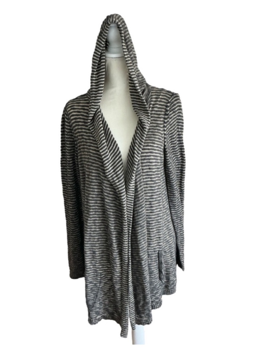 Eileen Fisher Hooded Open Front Cardigan Striped Organic Cotton Gray Cream M
